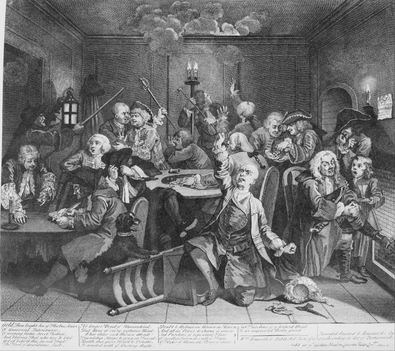 Rakes Progress, 6. lemez, jelenet egy játékházban alkotó: William Hogarth
