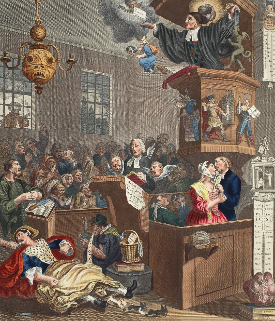 Hitelesség, babona és fanatizmus, illusztráció a „Hogarth Restored: The Whole Works of the híres William Hogarth, újrametszett Thomas Cook” című kocsmából. 1812 (kézzel színezett metszet) alkotó: William Hogarth