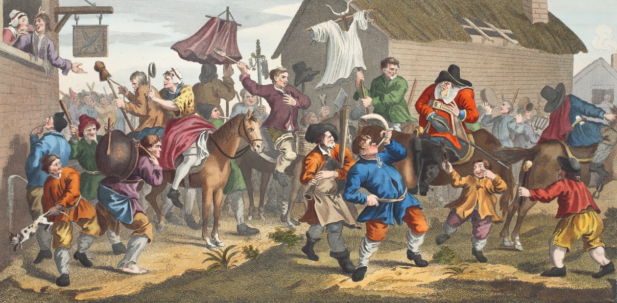 Hudibras Encounters the Skimmington, illusztráció a "Hogarth Restored: The Whole Works of the Celebrated William Hogarth, re-engraved by Thomas Cook", pub. 1812 (kézzel színezett metszet) alkotó: William Hogarth