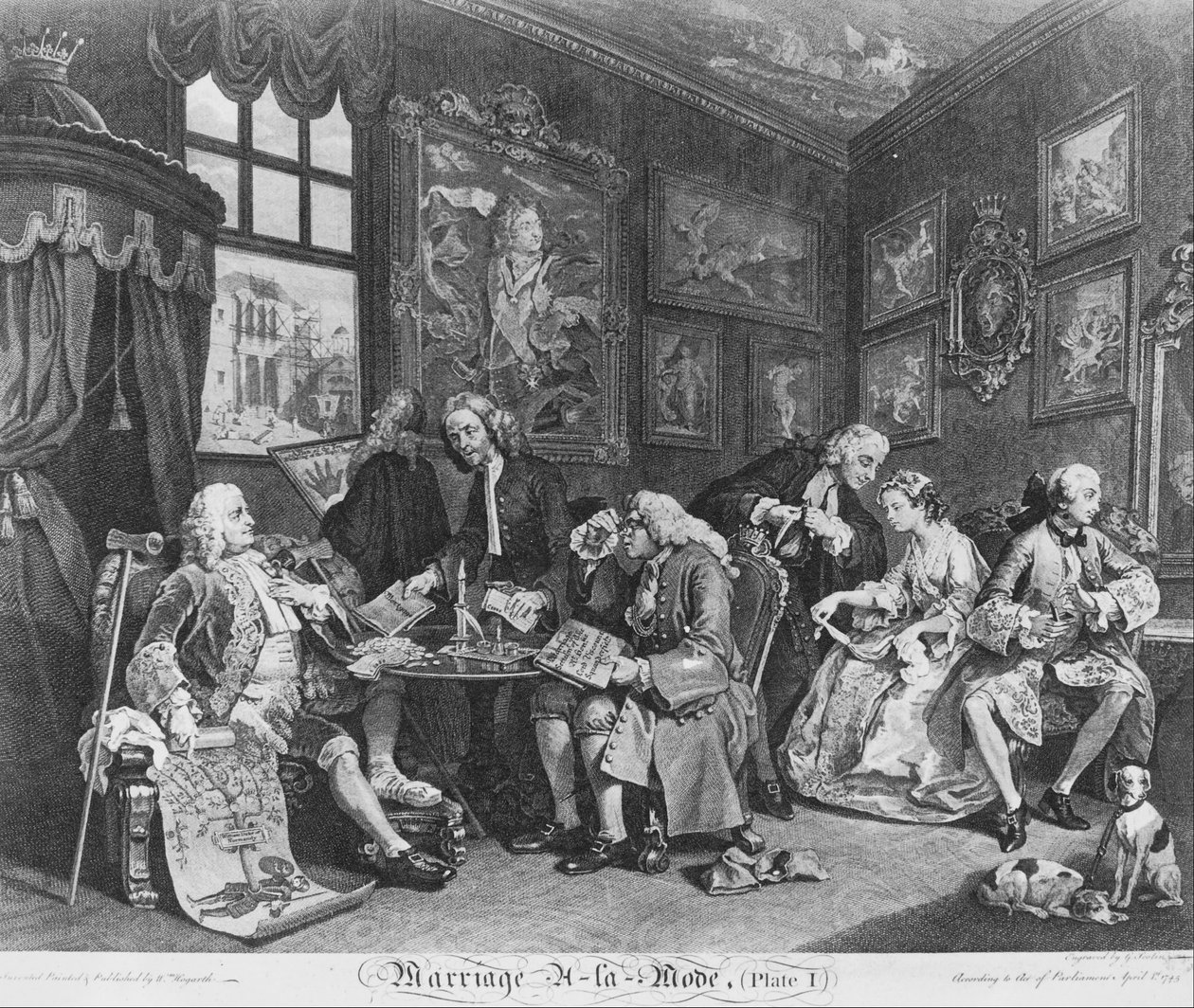 Házasság à la Mode, 1. lemez, (A házassági szerződés) alkotó: William Hogarth