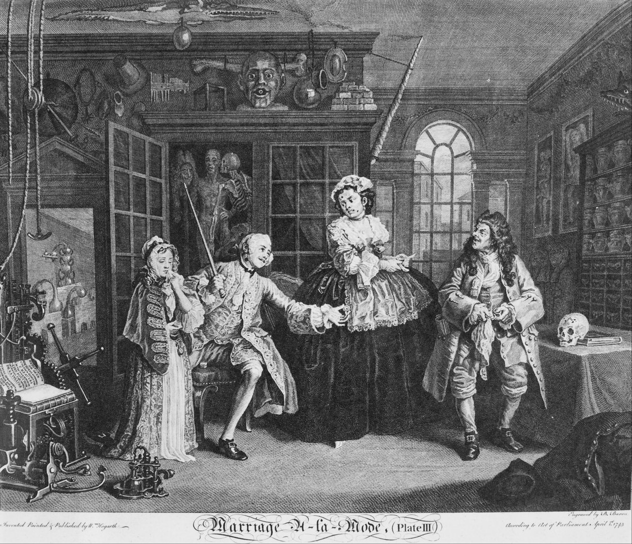 Házasság à la Mode, 3. lemez, (A jelenet a varázslóval) alkotó: William Hogarth