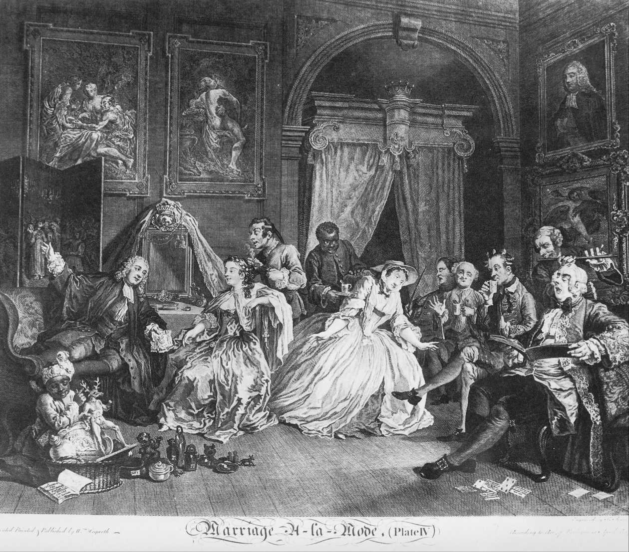 Házasság à la Mode, 4. lemez, (Levee grófnők) alkotó: William Hogarth
