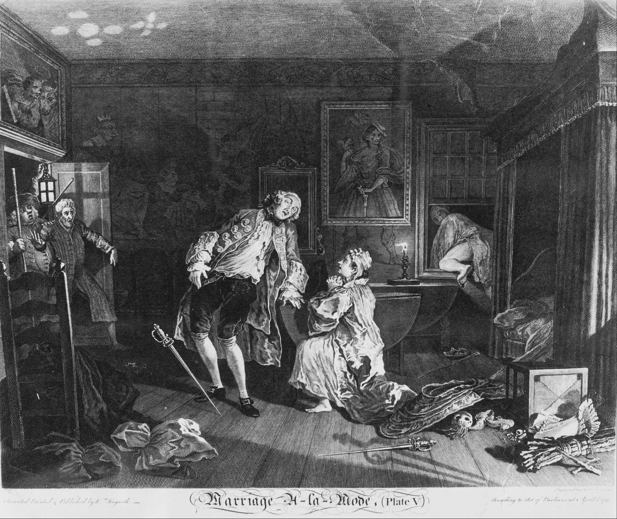 Házasság à la Mode, 5. lemez, (A gróf halála) alkotó: William Hogarth