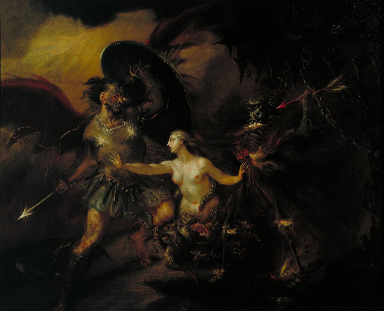 Sátán, bűn és halál (Jelenet Miltonék elveszett paradicsomából) alkotó: William Hogarth