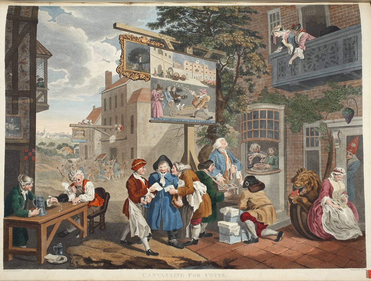 The Election II: Canvassing for Votes, illusztráció a „Hogarth Restored: The Whole Works of the híres William Hogarth, újrametszett Thomas Cook” című kocsmából. 1812 (kézzel színezett metszet) alkotó: William Hogarth