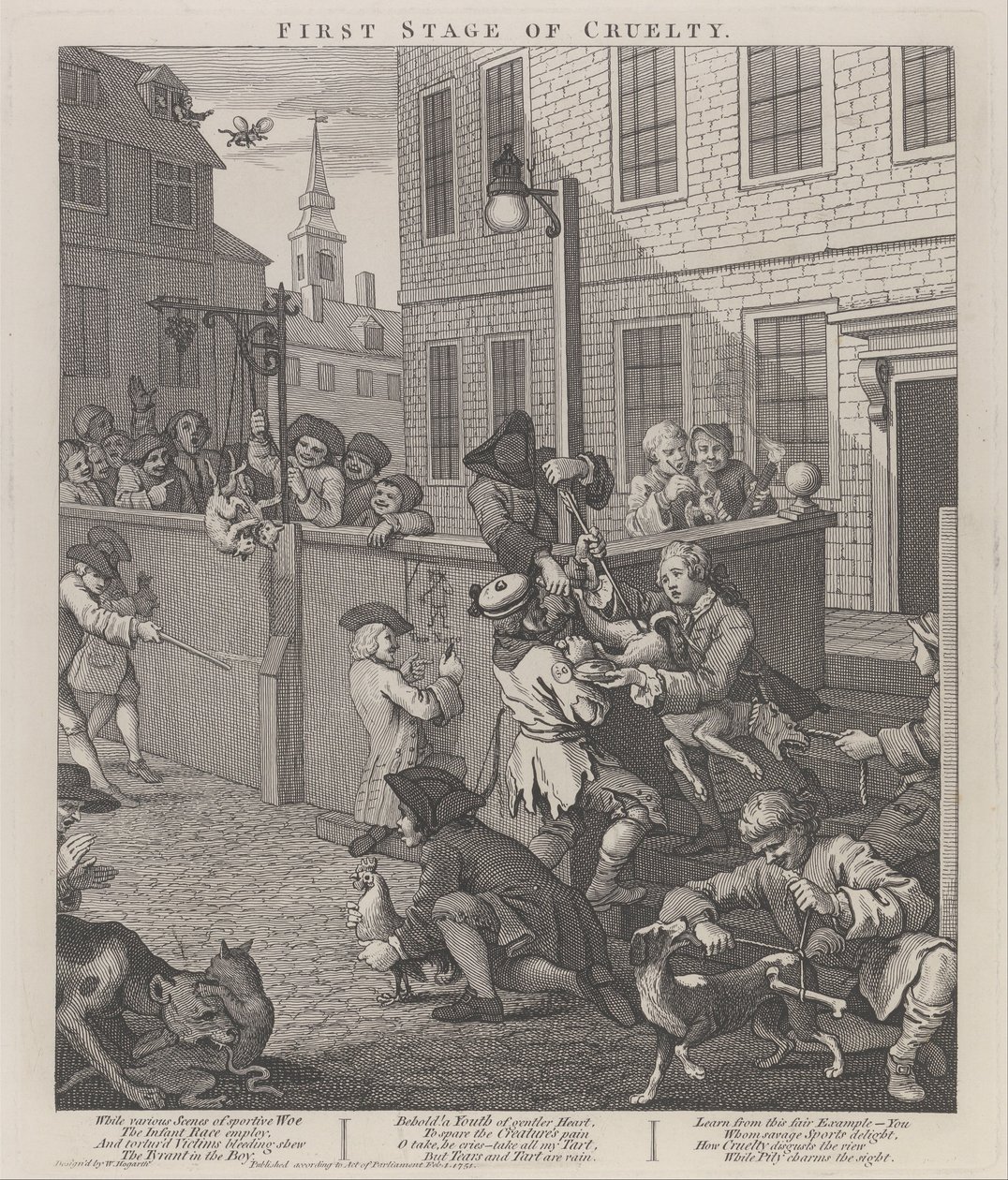 A kegyetlenség első szakasza- Állatokat kínzó gyerekek alkotó: William Hogarth