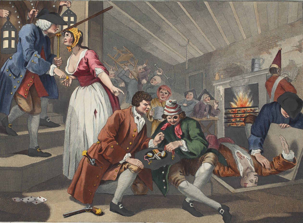 A tétlen „Prentice Betrayed by a Prostitute”, „Ipar és tétlenség” IX. táblája, illusztráció a „Hogarth Restored: The Whole Works of the híres William Hogarth, újrametszette Thomas Cook” című könyvből, pu alkotó: William Hogarth