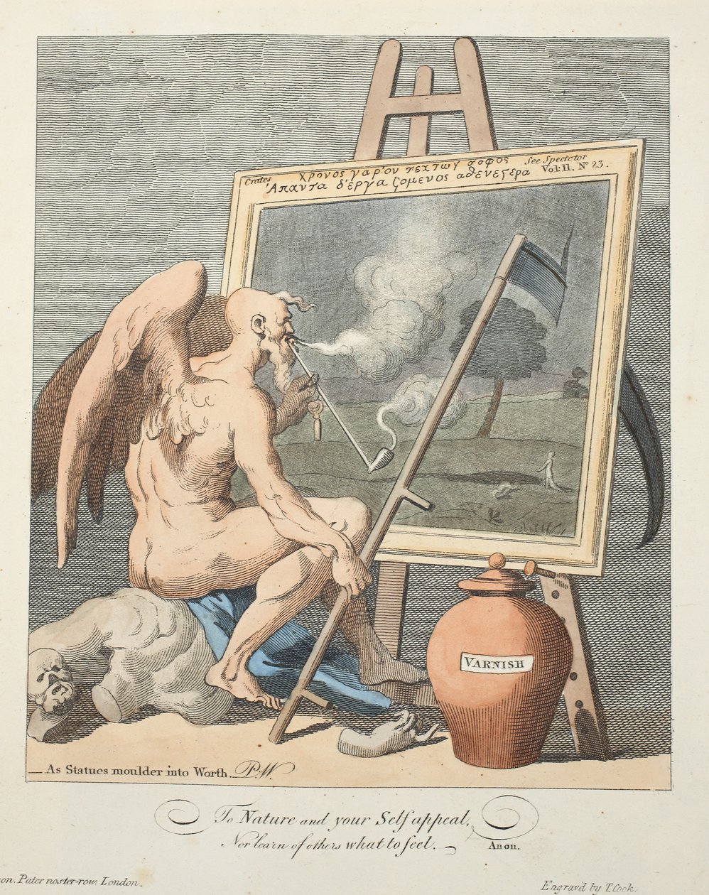 Az idő füstölög egy képet, illusztráció a „Hogarth Restored: The Whole Works of the híres William Hogarth, re-graves by Thomas Cook”, pub. 1812 (kézzel színezett metszet) alkotó: William Hogarth