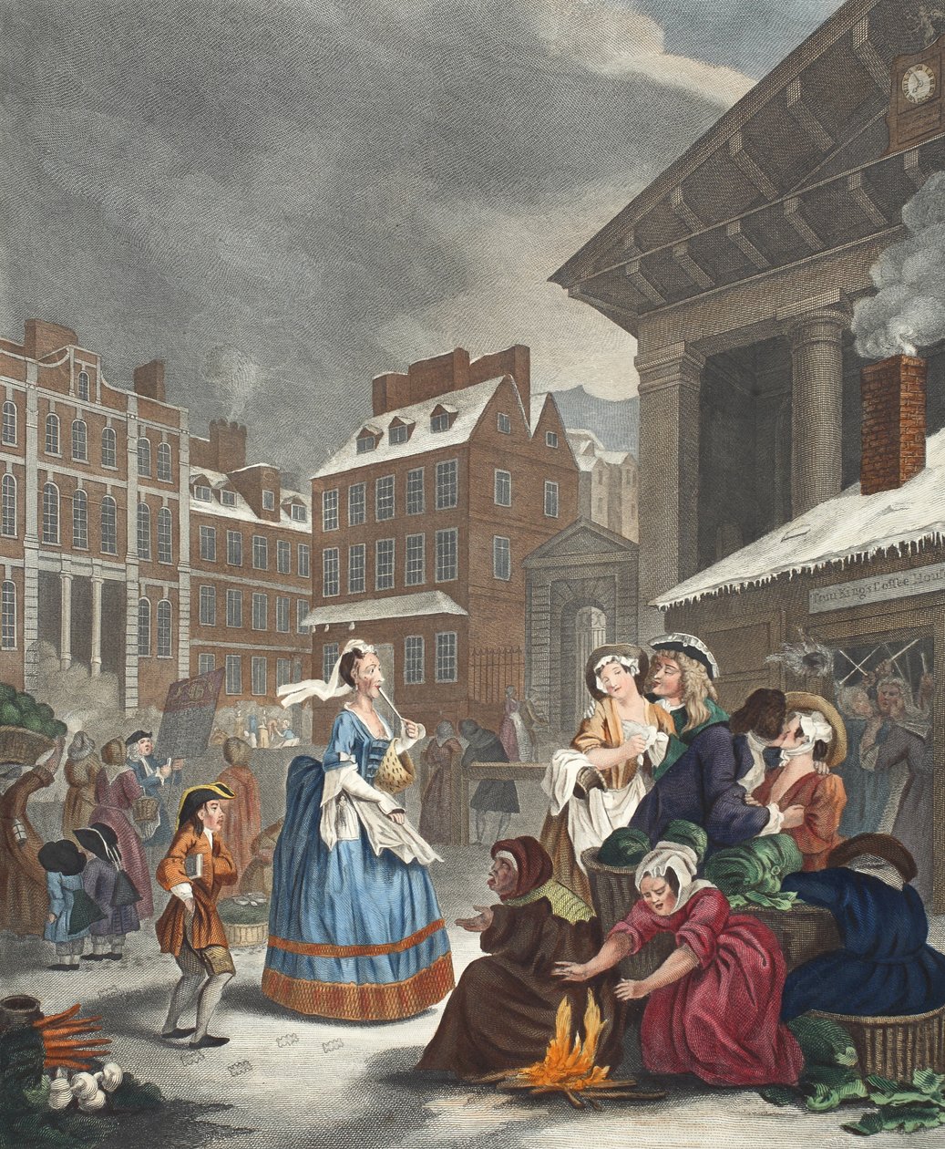 A napszakok: Reggel, illusztráció a „Hogarth Restored: The Whole Works of the híres William Hogarth, újrametszette Thomas Cook”, pub. 1812 (kézzel színezett metszet) alkotó: William Hogarth