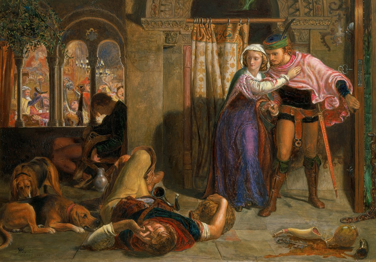 Madeline és Porphyro repülése a mulatságon részt vevő részegség alatt (Szent Ágnes estéje) alkotó: William Holman Hunt