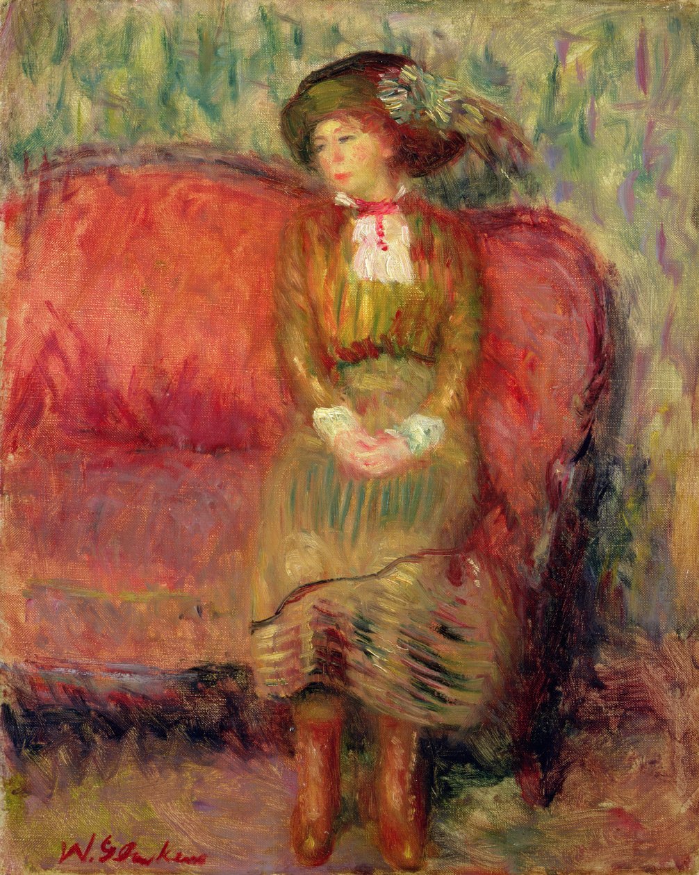 Lány ül egy piros kanapén alkotó: William James Glackens