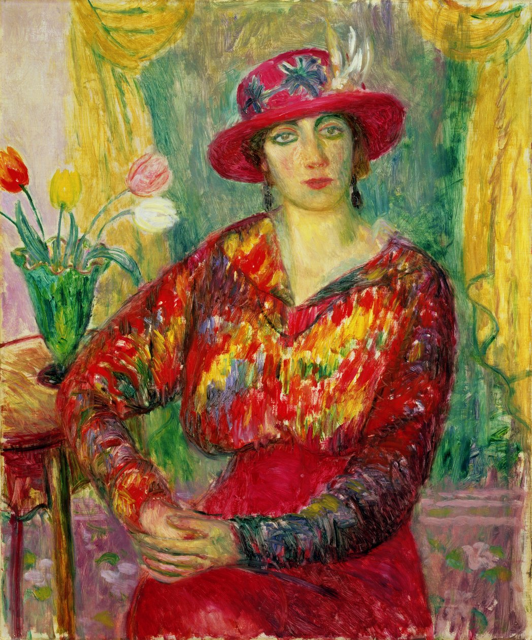Lány piros ruhában és sapkában alkotó: William James Glackens