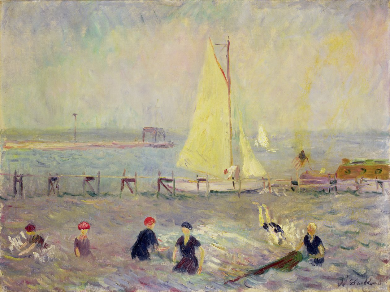 Tengeri táj két vitorlával és hat fürdőzővel alkotó: William James Glackens