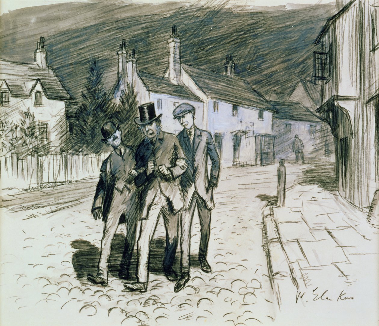 Utcai jelenet három részeggel (ceruza és mosás papíron) alkotó: William James Glackens
