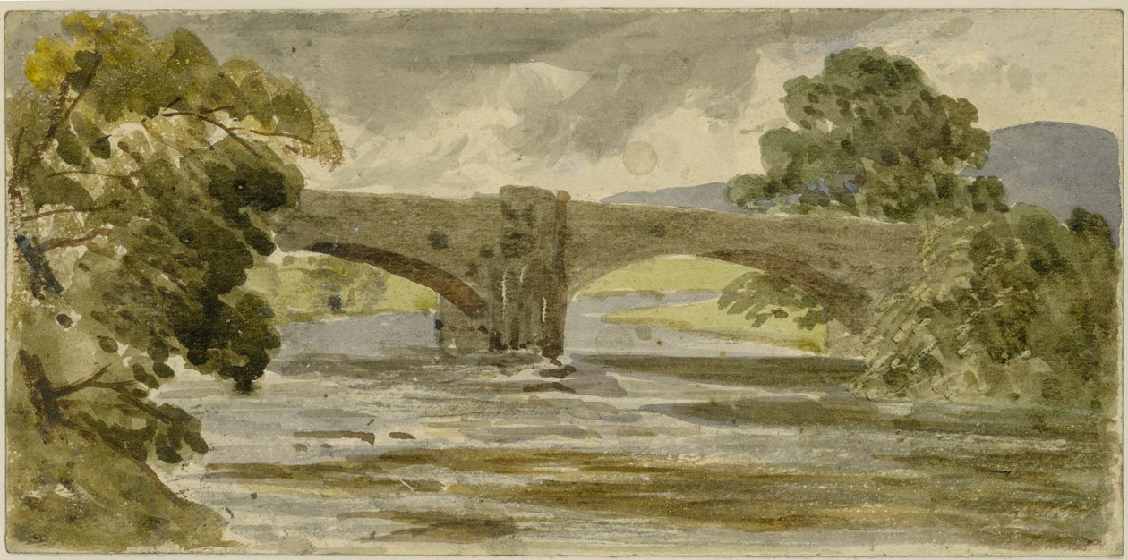Tájkép híddal és fákkal (akvarell, papír (kártyára ragasztva)) alkotó: William James Muller