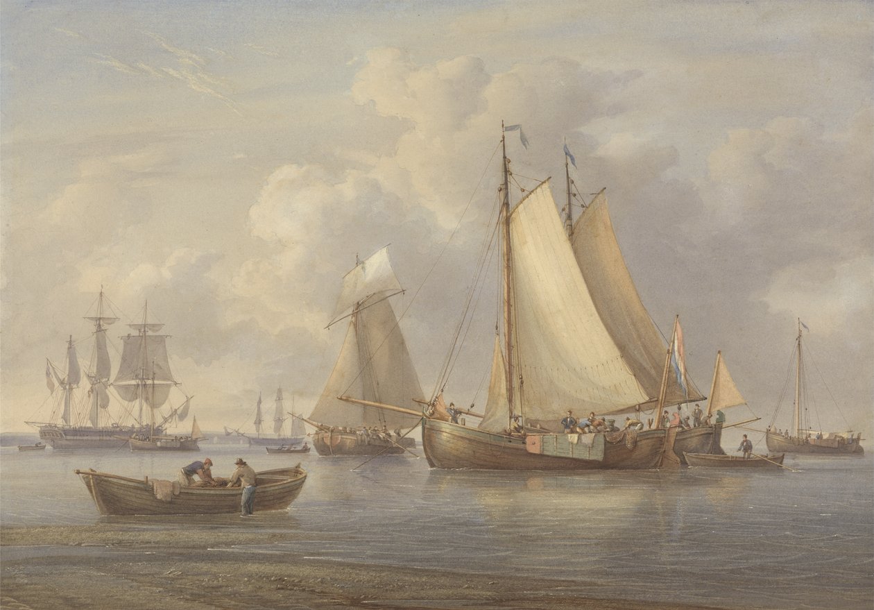 Holland halászhajók horgonynál egy torkolatban, 1850-60 körül (wc kaparással és gumival a papíron) alkotó: William Joy