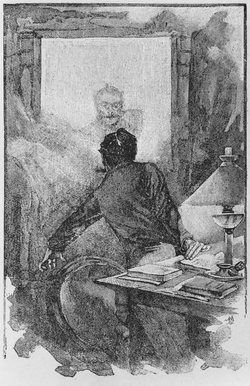 Az elbeszélő és a Horla, illusztráció Guy de Maupassant (1850-93) "Le Horla" című művéből, Georges Lemoine metszete, Párizs, Editions Albin Michel, 1910 körül (fametszet). alkotó: William Julian Damazy