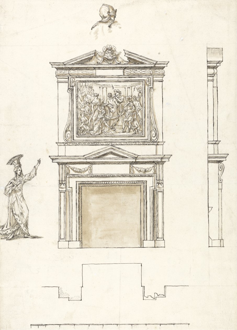 Kéménydarab tervezése a Stowe-i csarnokban, 1733 körül (toll és tinta grafittal, papíron) alkotó: William Kent