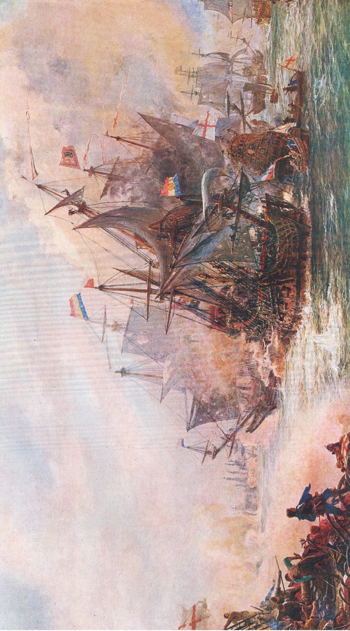 Blake háromnapos eljegyzése Von Trumppal, 1652, illusztráció a The History of the British People-ből, amelyet Waverley adott ki, 1940 körül alkotó: William Lionel Wyllie