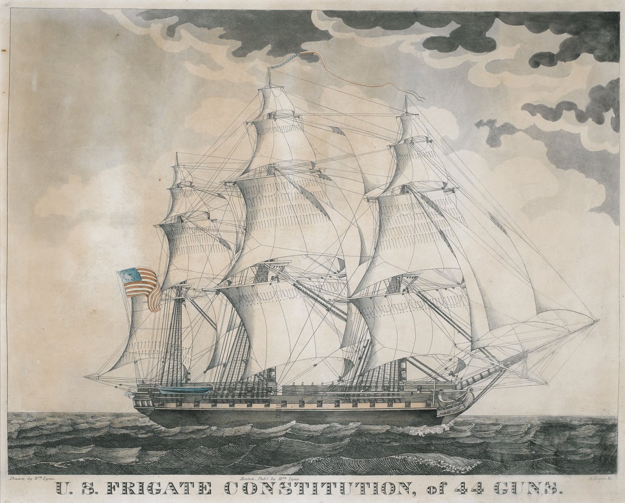 Az Egyesült Államok fregatt-alkotmánya, 44 fegyver, metszett: Abel Bowen (sz. 1790) 1812 körül (kézzel színezett metszet és akvatinta) alkotó: William Lynn