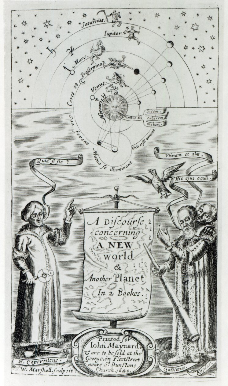 John Wilkins 1640-ben kiadott "A Discourse concerning a New World and another Planet" című művének címlapképe. alkotó: William Marshall