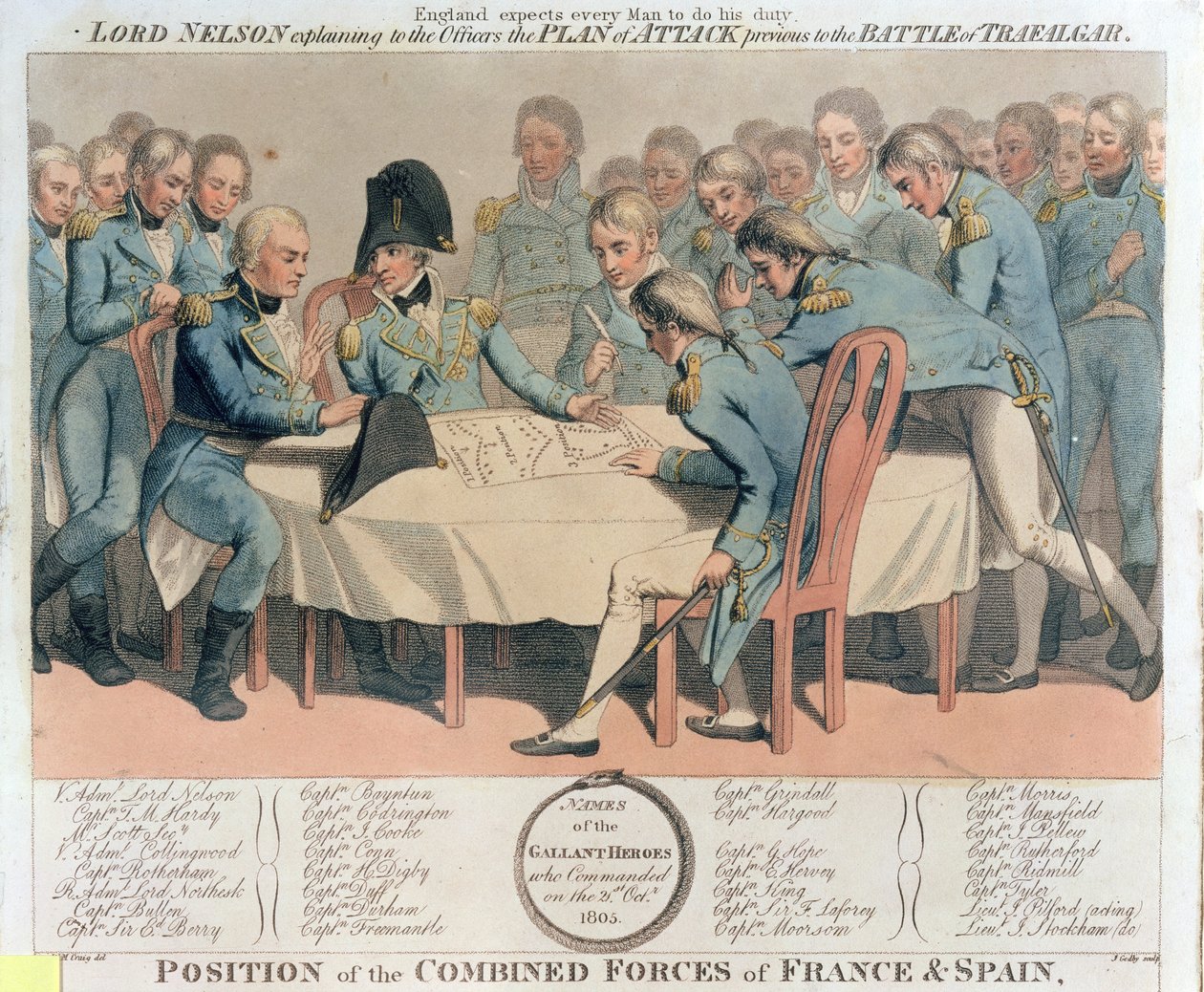 Anglia elvárja, hogy mindenki tegye a kötelességét. Lord Nelson a trafalgari csatát megelőző támadási tervet magyarázza a tiszteknek, James Godby metszete, kiadta Edward Orme, január 9. alkotó: William Marshall Craig