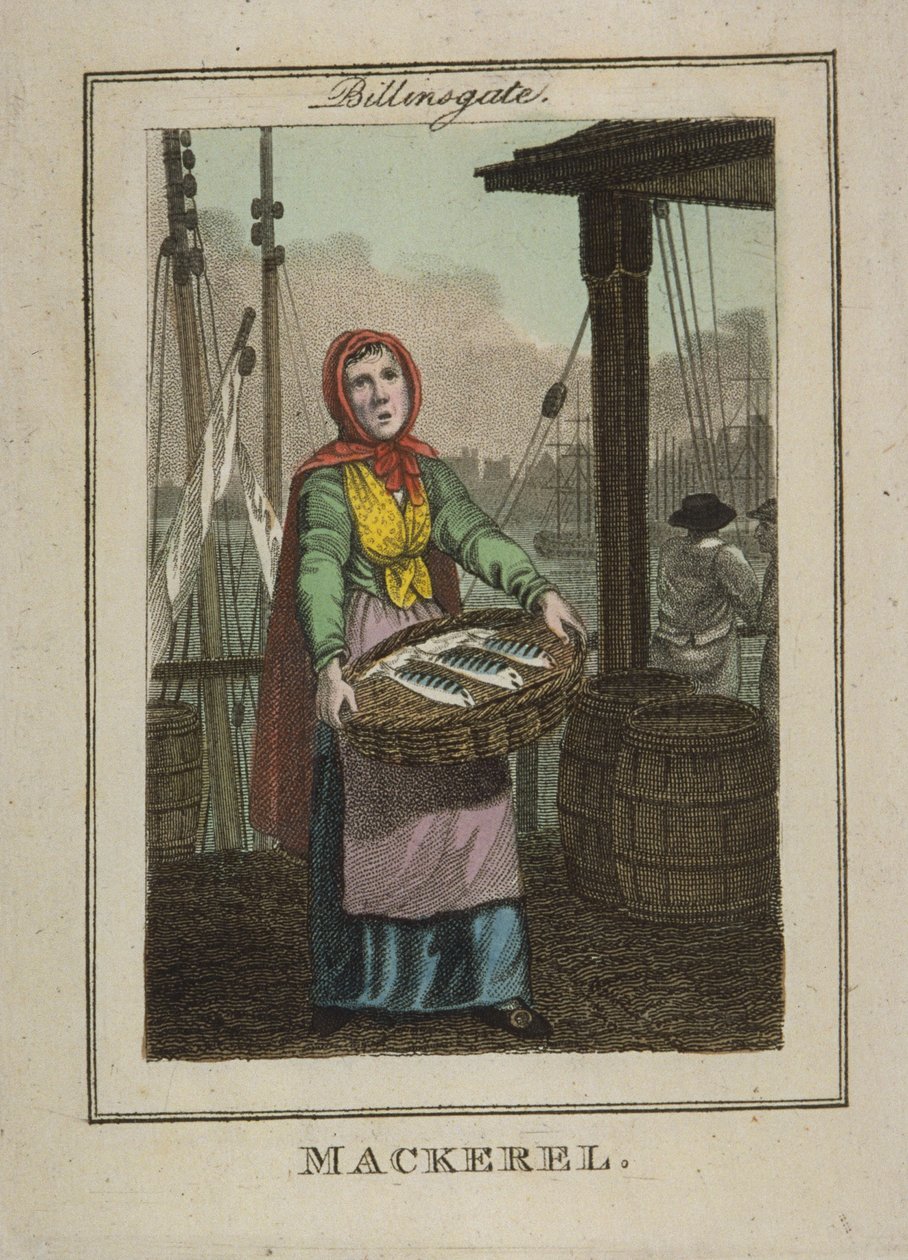 Makréla eladó a Billingsgate-nél, 1804 (kézzel színezett metszet) alkotó: William Marshall Craig