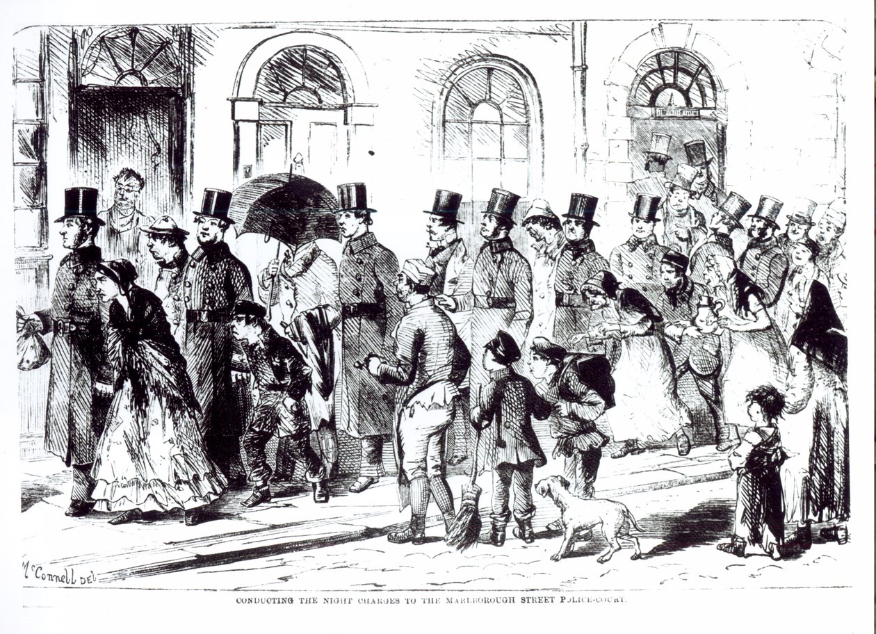 Az éjszakai vádemelés a Marlborough Street Police Court előtt alkotó: William McConnell