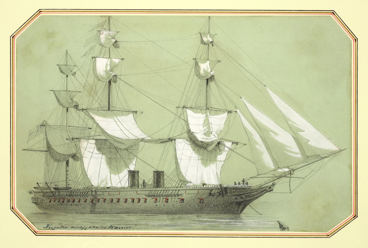 A „Warrior”, az első brit vas hadihajó, amelyet a kormány 1859-ben állított hadrendbe, majd 1861-ben a tengeren (fehérrel megerősített ceruza) alkotó: William McConnell