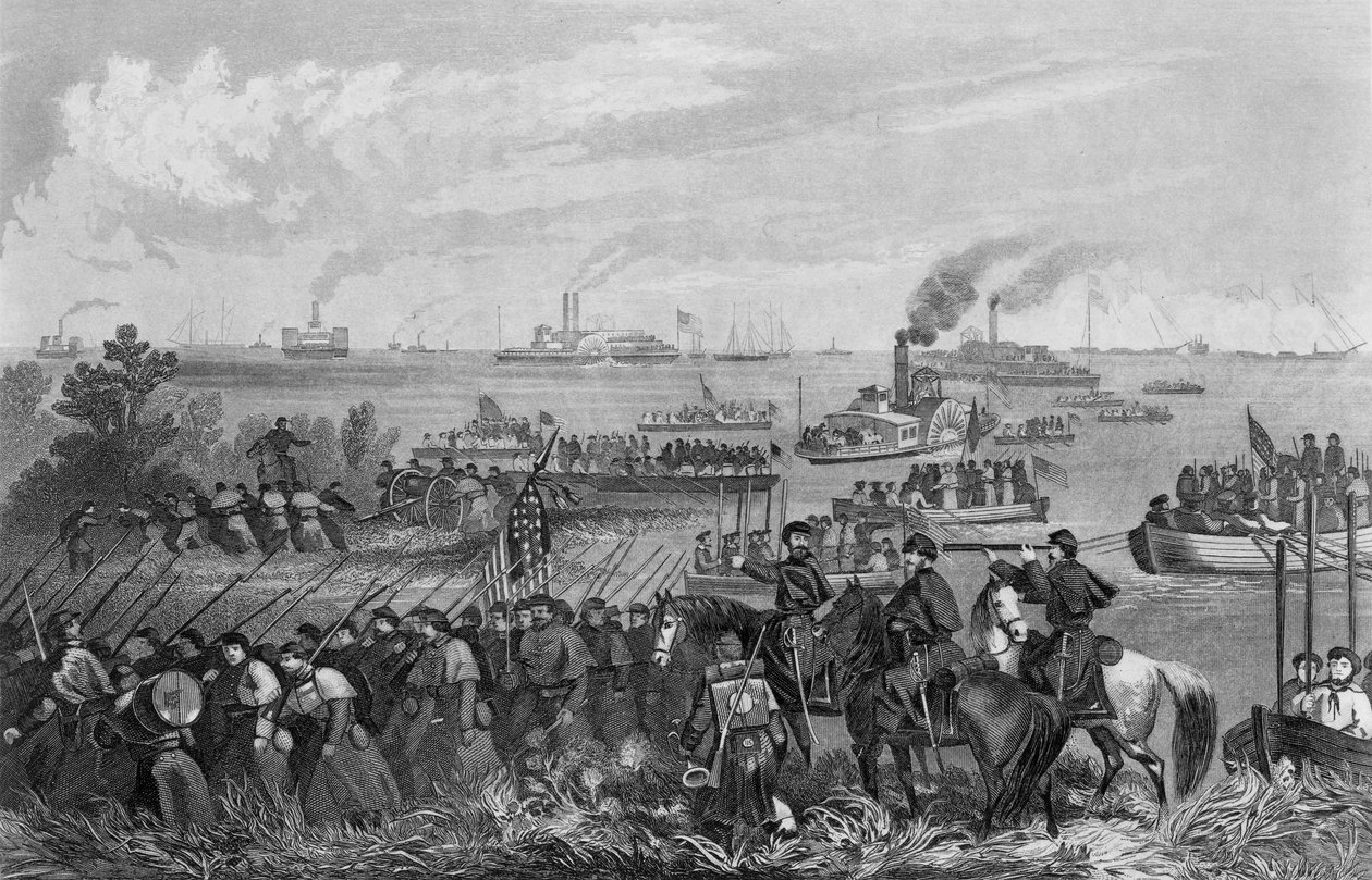 Csapatok partraszállása Roanoke Islanden, Burnside Expedition, 1862. február 8., metszet: George E. Perine alkotó: William Momberger
