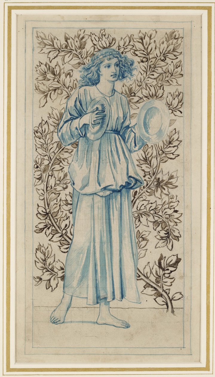 Egy nő, aki cintányérokon játszik (kék és barna tintával és akvarellel elszíneződött, sápadt, sima papíron toll) alkotó: William Morris