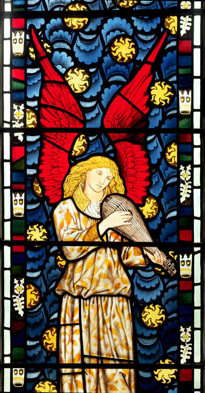 Lantot játszó angyal, részlet az Angyalok ablakának alsó közepéről, 1869 (festett üveg) (lásd még: 120165) alkotó: William Morris