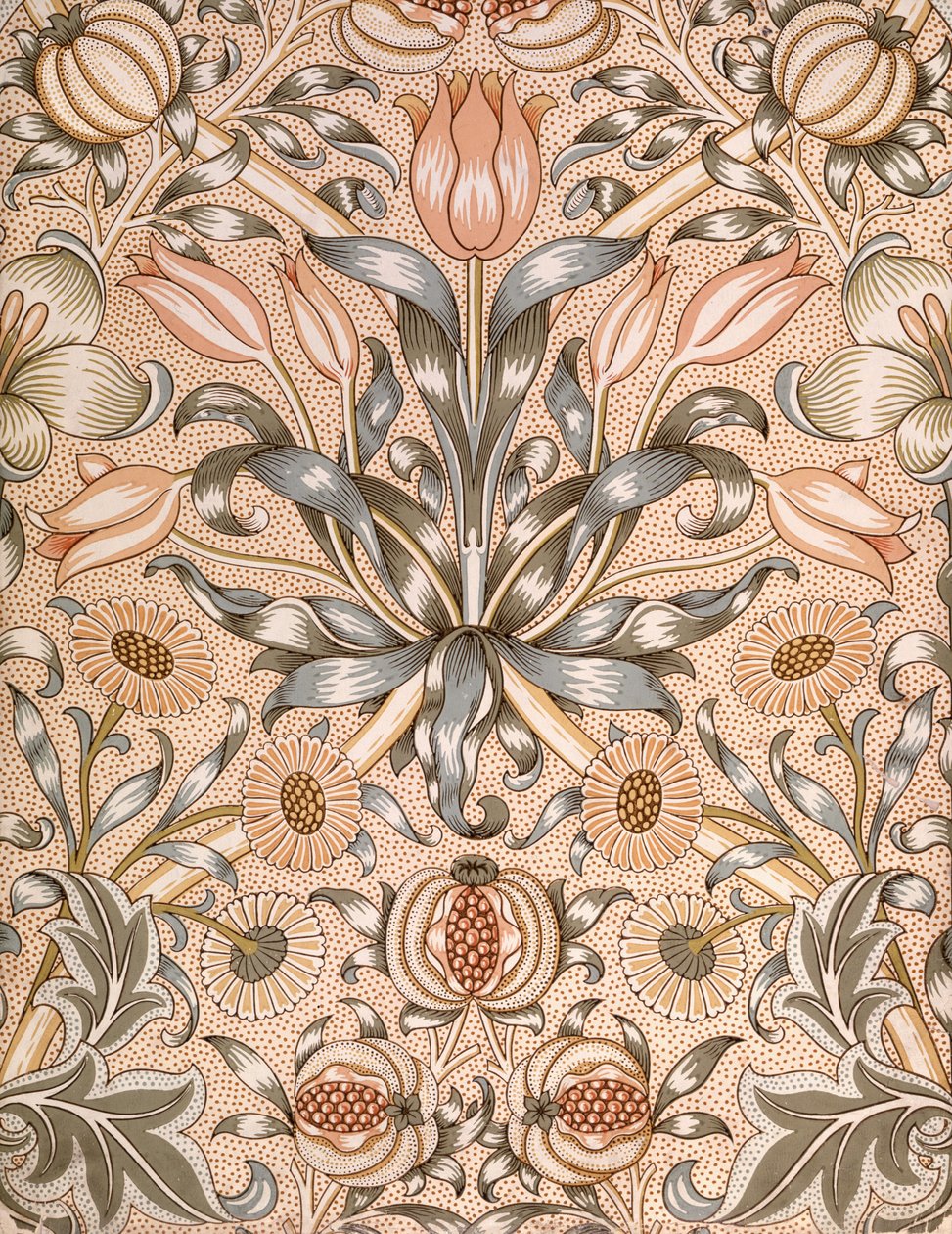 Liliom és gránátalma tapétatervezés, 1886 (színes fatömbnyomat papíron) alkotó: William Morris