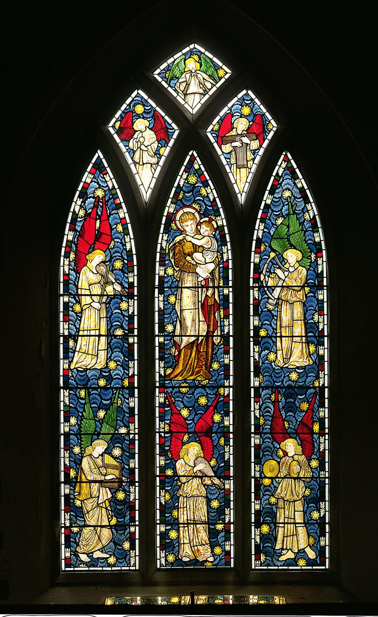 Madonna és gyermeke zenélő angyalokkal, 1869 (ólomüveg) alkotó: William Morris