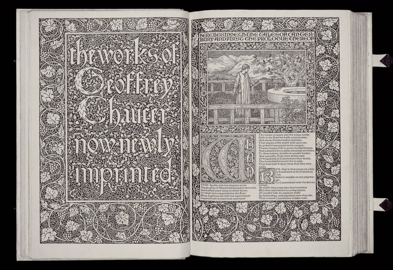 Címlap és címlap a "The Works of Geoffrey Chaucer" című kötetből, kiadta a Kelmscott Press, 1896 (fametszet és fekete betűkkel nyomtatott papír). alkotó: William Morris