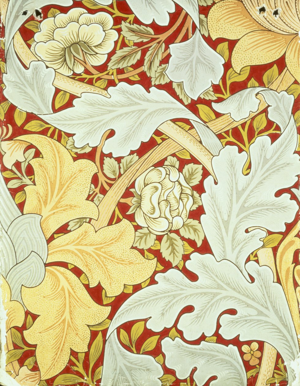 William Morris (1834-96) által tervezett akantuszlevelekkel és vadrózsákkal díszített tapéta bíborvörös alapon. alkotó: William Morris