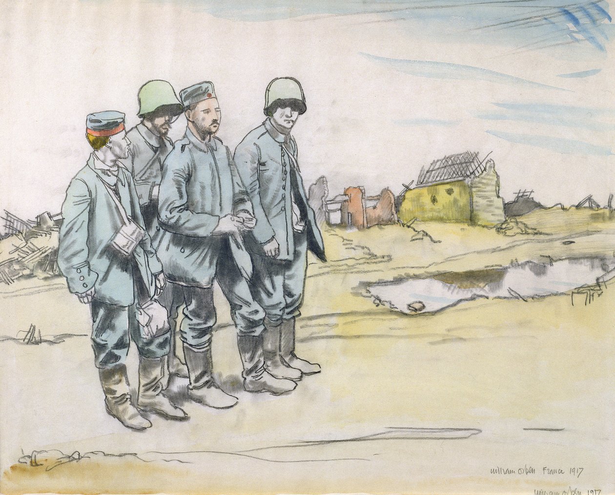 Négy német fogoly egy francia faluban, 1917 (szén és WC papíron) alkotó: William Orpen