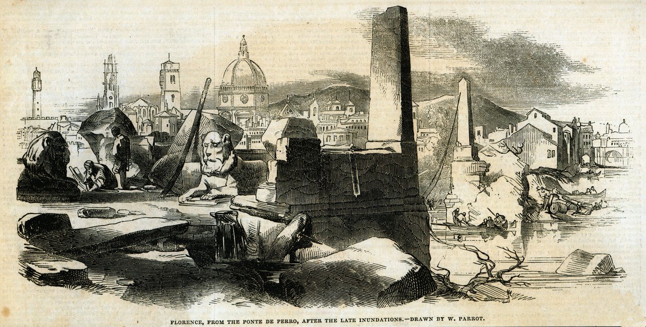 Firenze, a Ponte de Perro-ról, késői áradások után, a „The Illustrated London News”-ból, 1845. január 4. alkotó: William Parrott