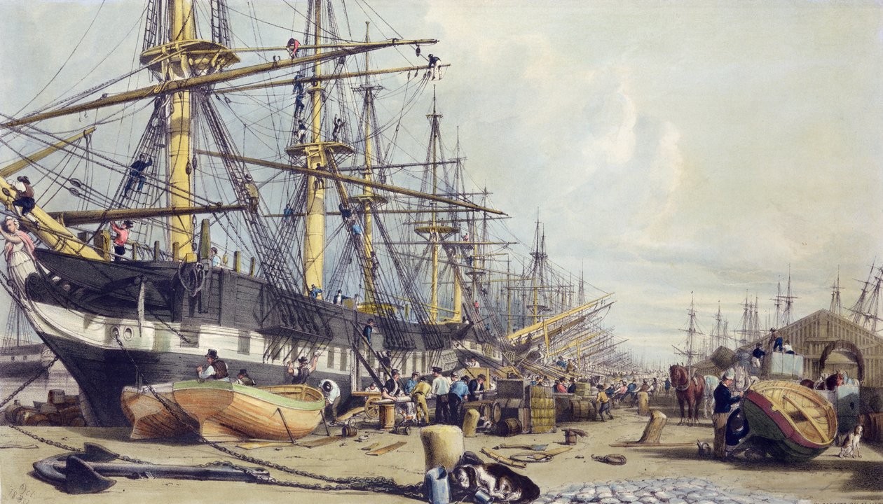 West India Docks, Londonból a Temzétől, 1840 alkotó: William Parrott