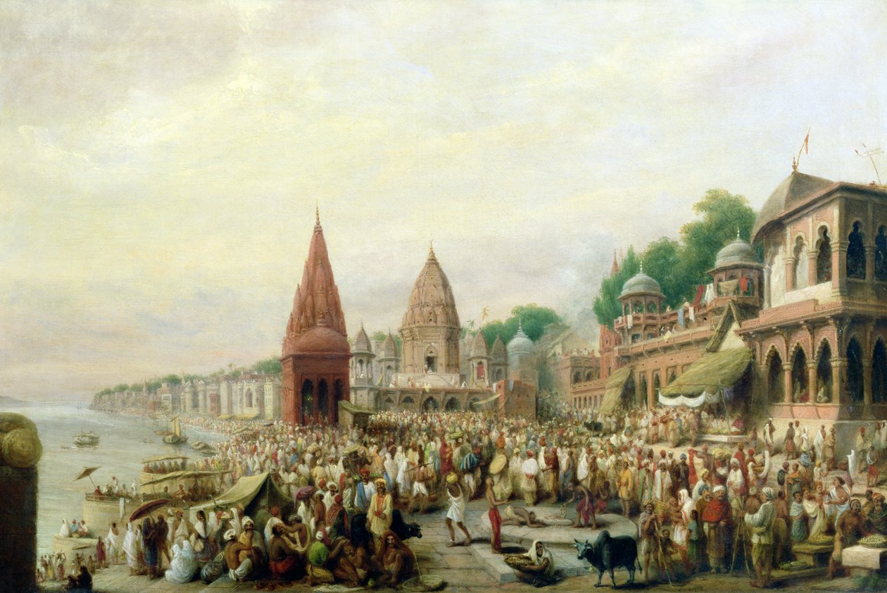 Kilátás Dasaswamedh Ghat-ra, Benaresben, a Dussehra Fesztivál alatt alkotó: William Prinsep