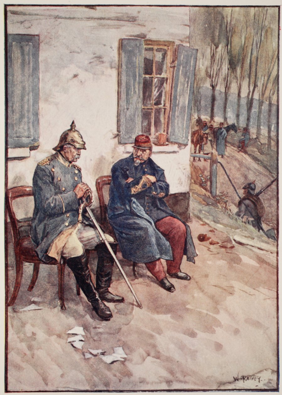 „Székeket hoztak, hogy Napóleon és a miniszter az ajtón kívül ülhessenek” a „Franciaország története, amelyet a fiúknak és lányoknak mesélt Mary Macgregor, 1920” című művéből. alkotó: William Rainey