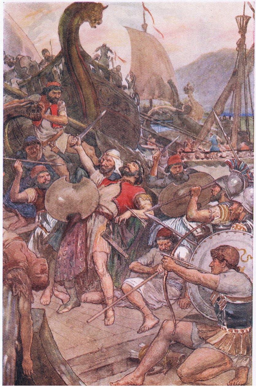 A perzsa admirális halála Salamisban, a Plutarch Lives-ból, amelyet a T C & E C Jack Ltd adott ki, 1920-as évek alkotó: William Rainey