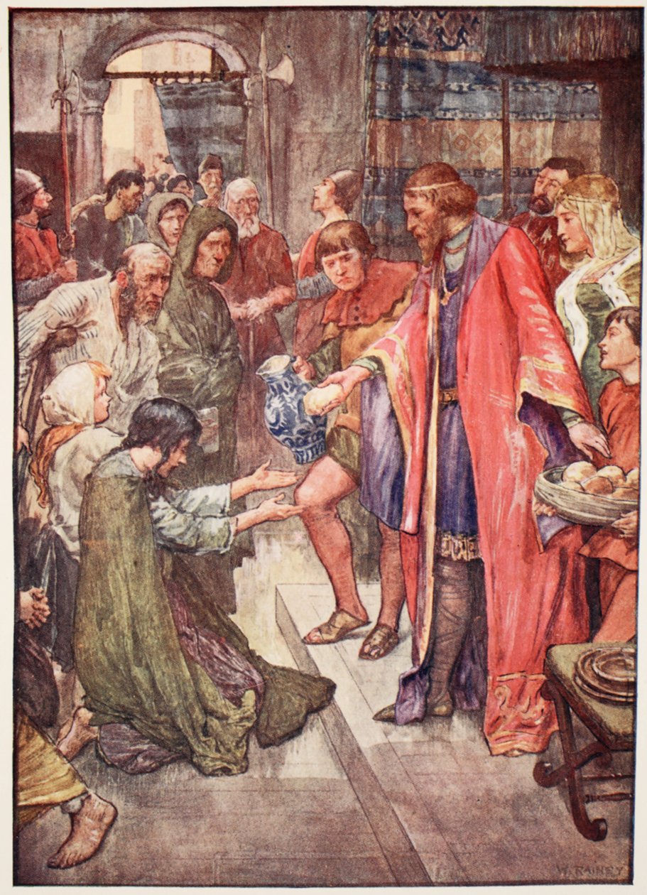 „A jó királyt látni kellett, amint ételt és italt ad a népnek”, illusztráció Mary Macgregor „Franciaország története” című művéből, 1920 alkotó: William Rainey