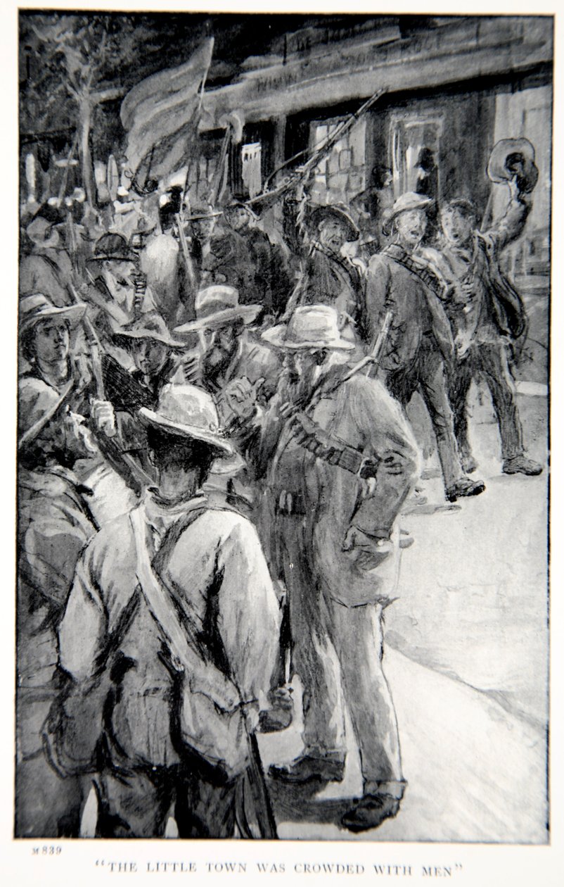 A kisváros zsúfolásig megtelt férfiakkal, a „Robertsszel Pretoriába: Mese a dél-afrikai háborúról” című illusztrációja, G.A. Henty, kocsma. London, 1902 alkotó: William Rainey
