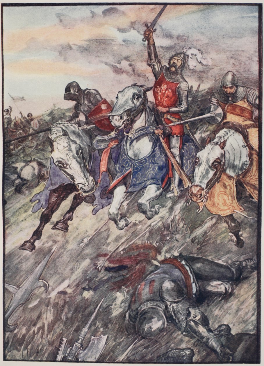"Úgy rohantak a harcba, mint a hirtelen halálra törő őrültek", lemez Mary MacGregor "The Story of France" című művéből, 1920 (színes litográfia). alkotó: William Rainey