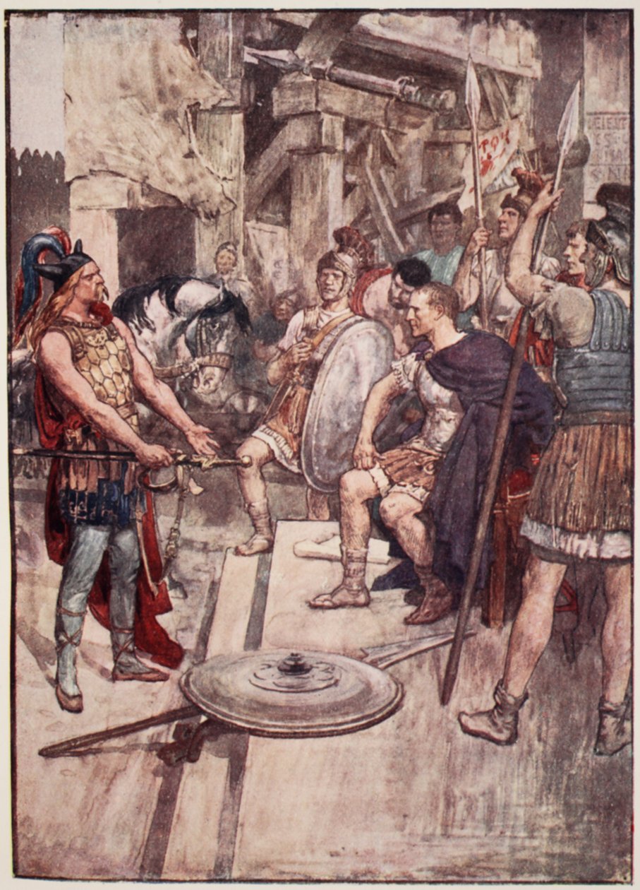 „Vercingetorix Hódítói lábára dobta a karját”, Mary MacGregor „Franciaország története” tányérja, 1920 (színes litó) alkotó: William Rainey