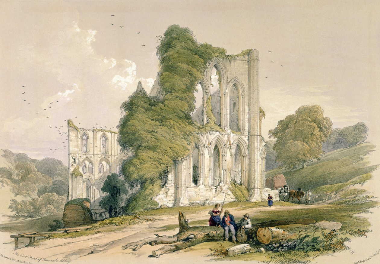 Rievaulx apátság, a keleti frontról, a „Yorkshire kolostori romjai” című művéből, George Hawkins (1819-52) metszetében, 1843 alkotó: William Richardson
