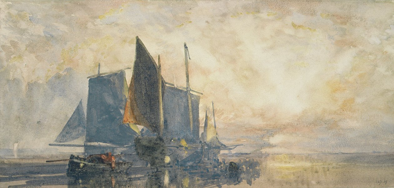 Horgászhajók horgonynál: Naplemente, 19. század (akvarell) alkotó: William Roxby Beverly