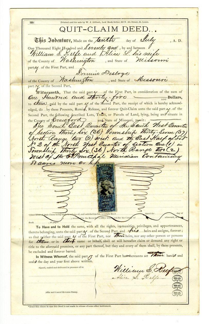 Kilépés a követelésből, aláírt William S. Reefe és Alice L. Reefe, Washington megyei, 1871. július 10 -én alkotó: William S. Reefe
