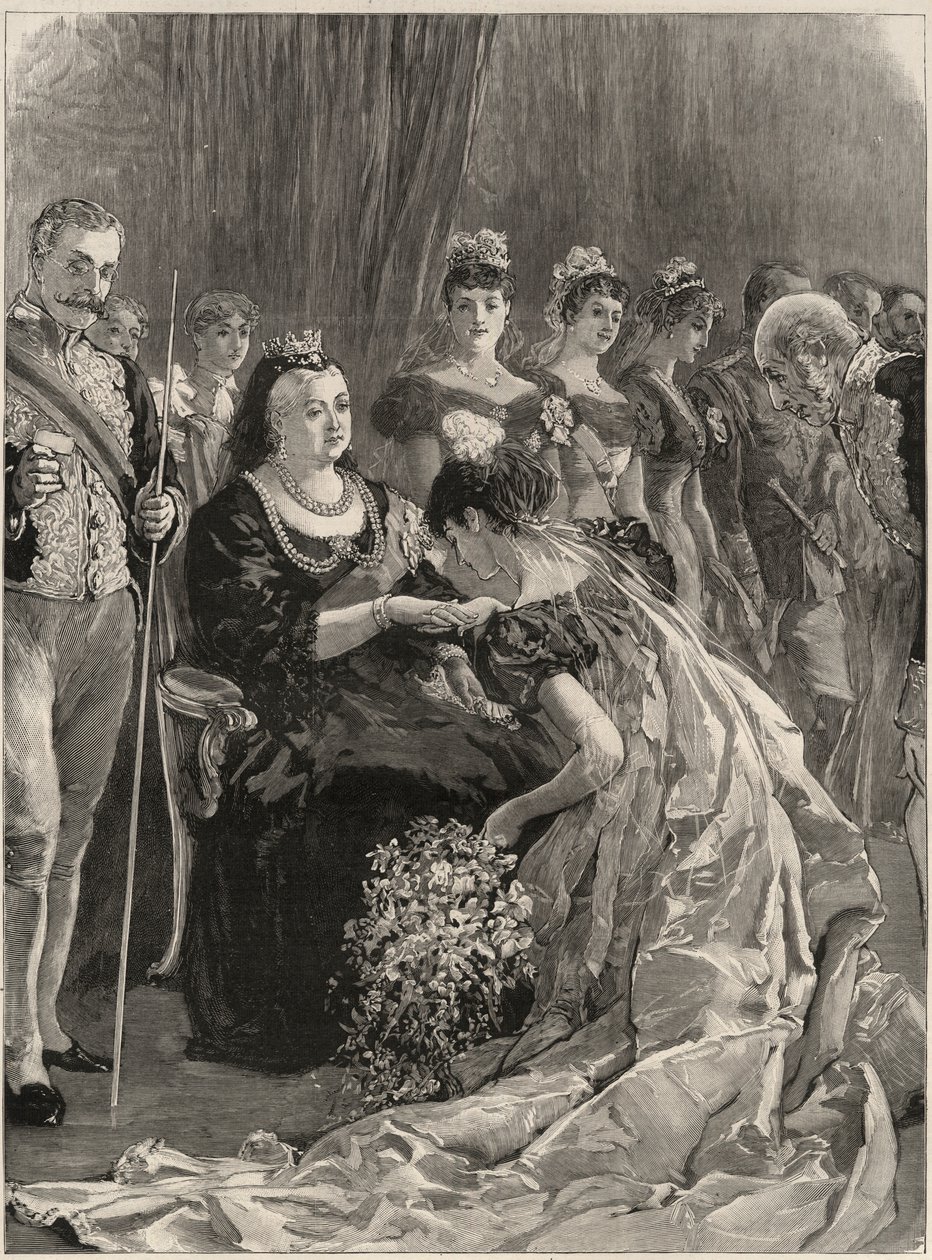 Szalon a Buckingham-palotában: A debütáns Viktória királynő kezét csókolja alkotó: William Smali